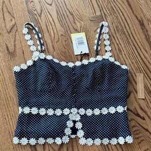 Elegant Navy and White Floral Trim Crop Top
